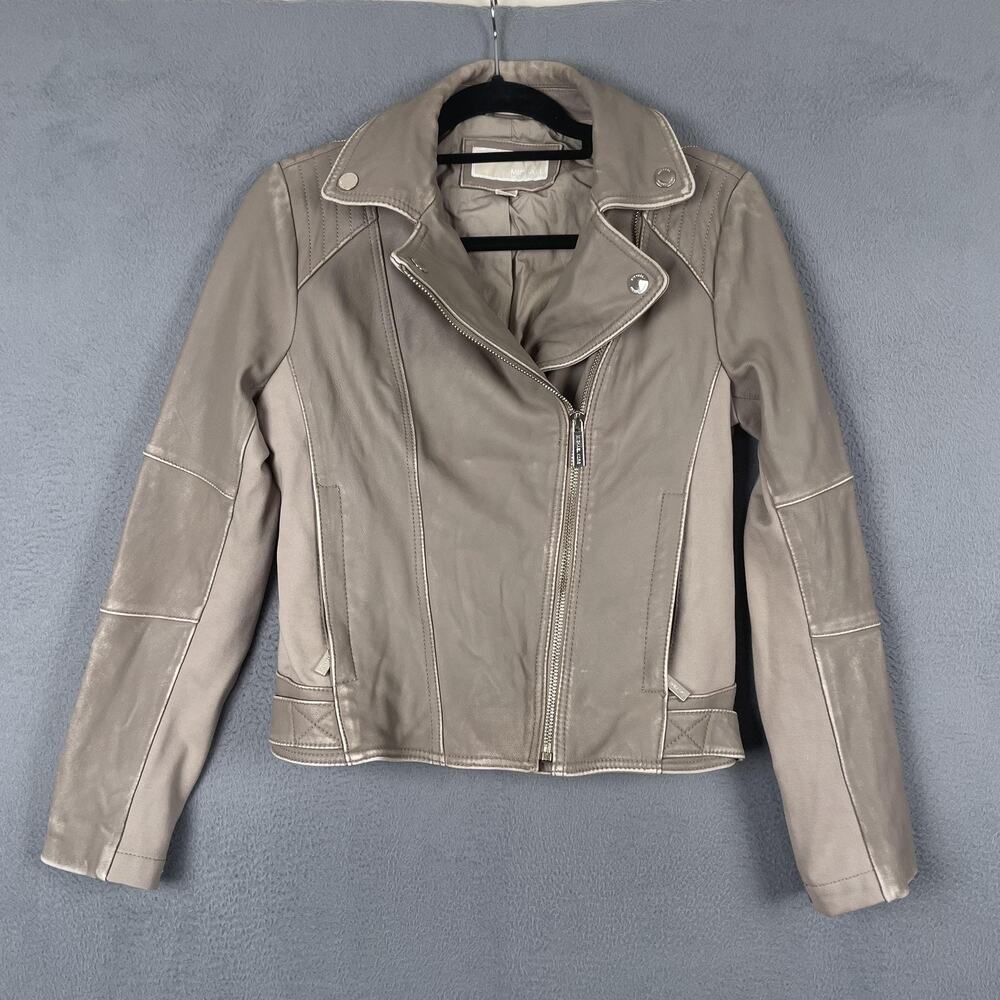 Michael Michael Kors Jacket Womens Small Taupe Leather Moto Asymmetrical Zip